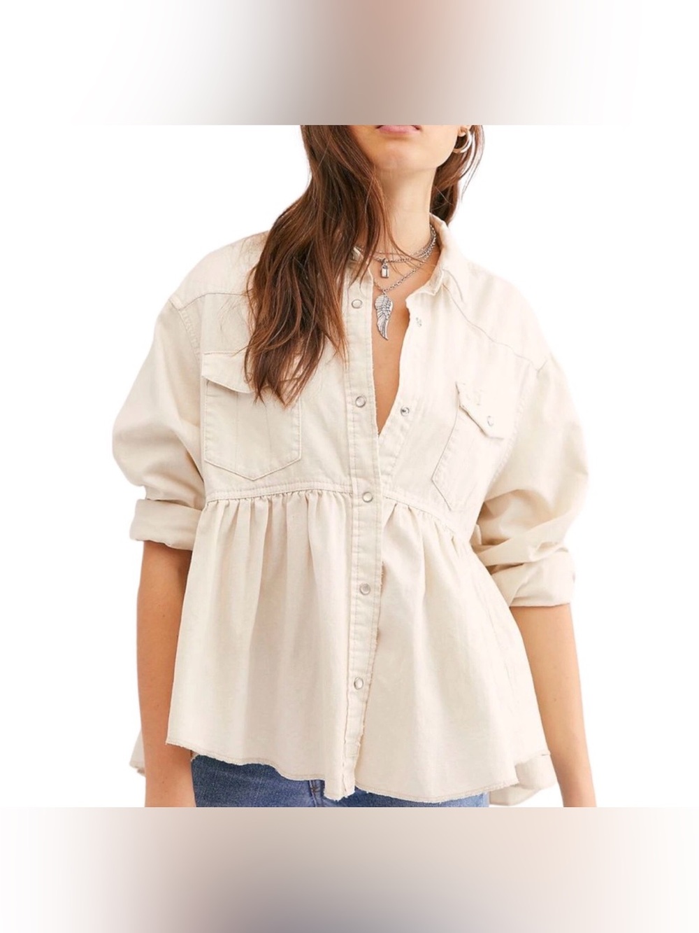 Free People Babydoll Cream Chambray Oversized Denim Jacket Size Large